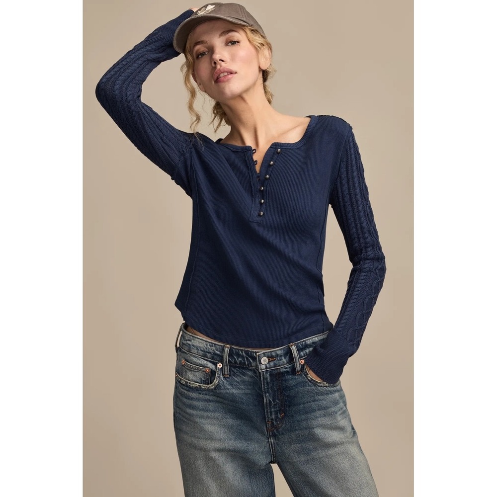 Lucky Brand Women XL Navy Blue Thermal Waffle Henley Cable Knit Sleeve Top NWT